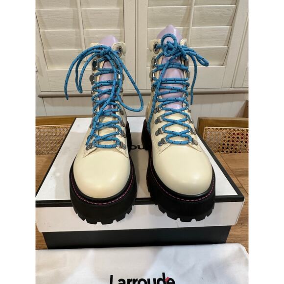 Larroude Jordan Low Combat Boots Kidskin Leather Ivory Violet Size 5.5 or 6 NIB - Picture 5 of 16